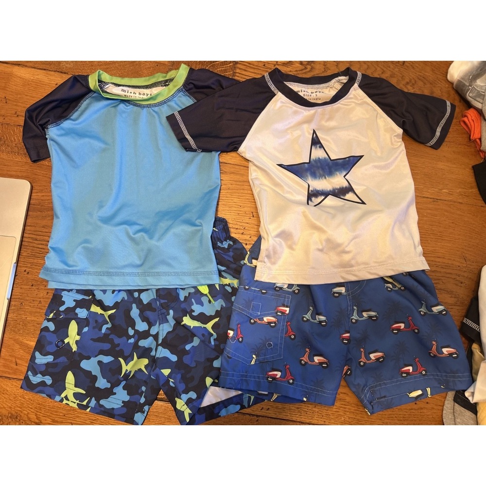 EUC Mish Boys Lot of 4 Swim Shirts Board Shorts Mopeds Skate Sharks Camo Suit 3T